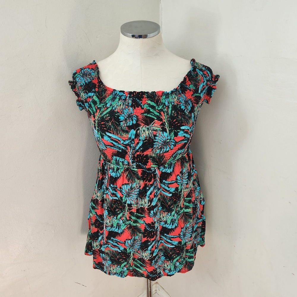 Salty Lemon Tropical Palm Leaf Smocked Bodice Top Coral Teal Women Small